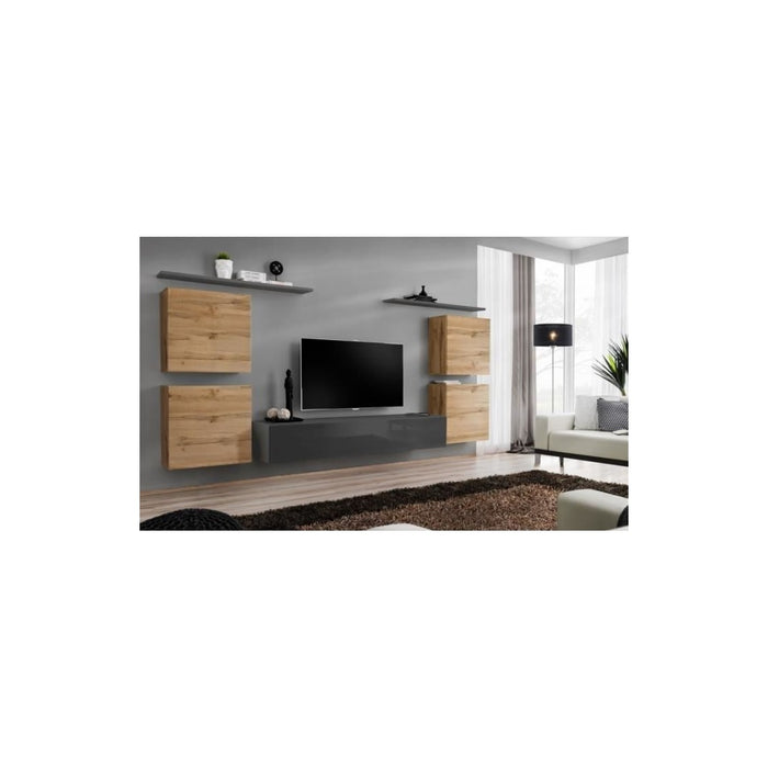 Set di mobili per soggiorno SWITCH IV design, colore grigio lucido e quercia Wotan.