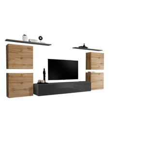 Set di mobili per soggiorno SWITCH IV design, colore grigio lucido e quercia Wotan.