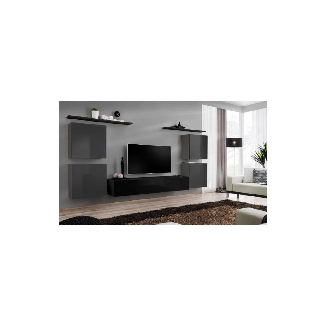 Set di mobili da salotto SWITCH IV design, colore nero e grigio lucido.