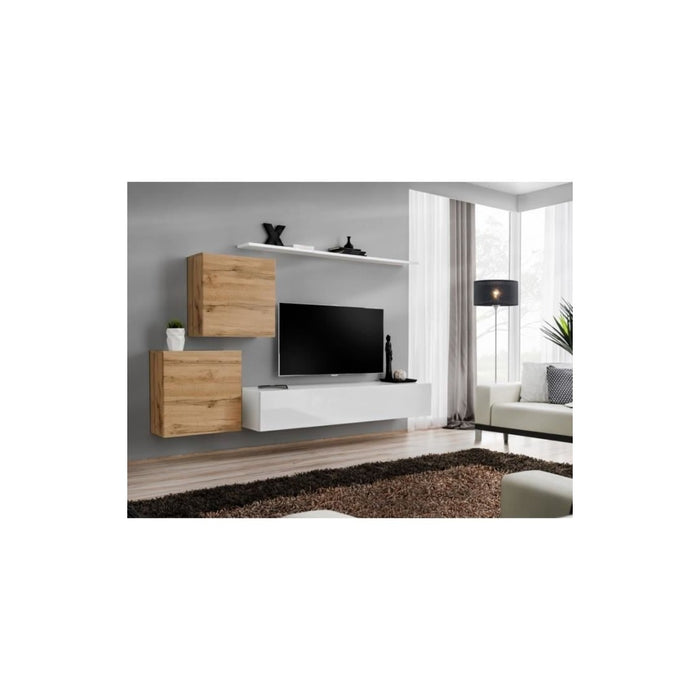 Set di mobili da salotto SWITCH V design, colore bianco lucido e quercia Wotan.