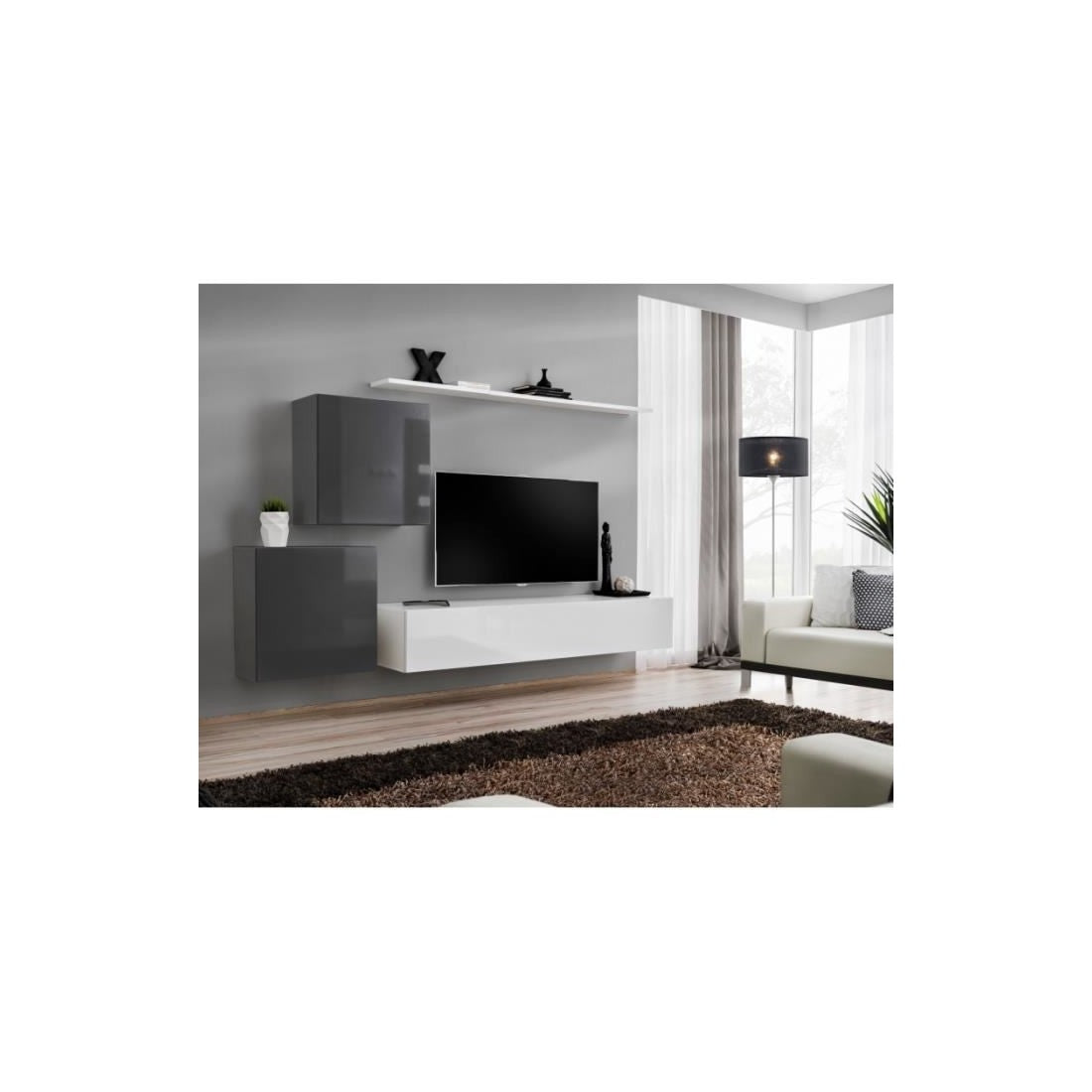 Set di mobili da salotto SWITCH V design, colori bianco e grigio lucido.