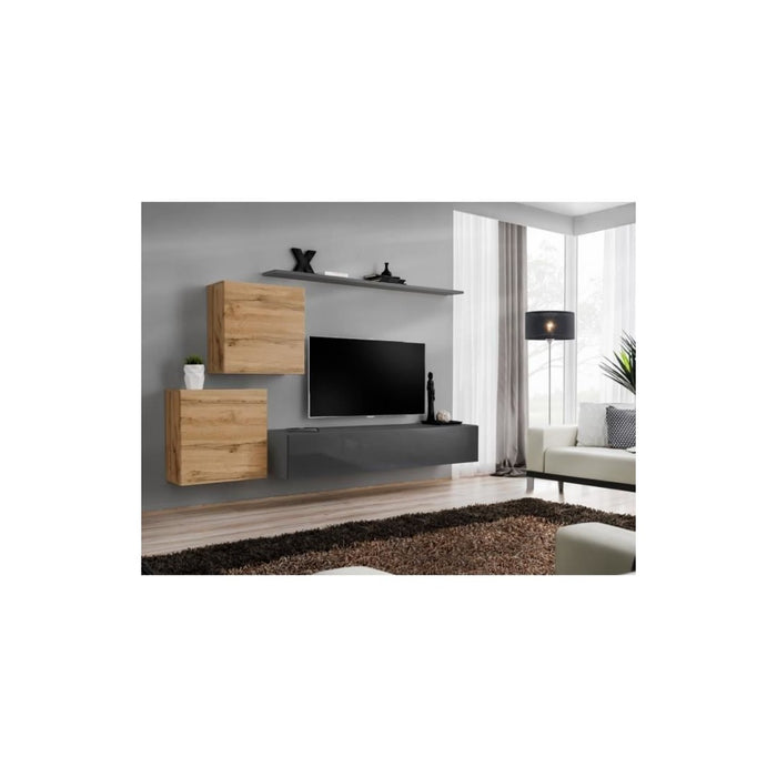 Set di mobili da soggiorno SWITCH V design, colore grigio lucido e rovere Wotan.