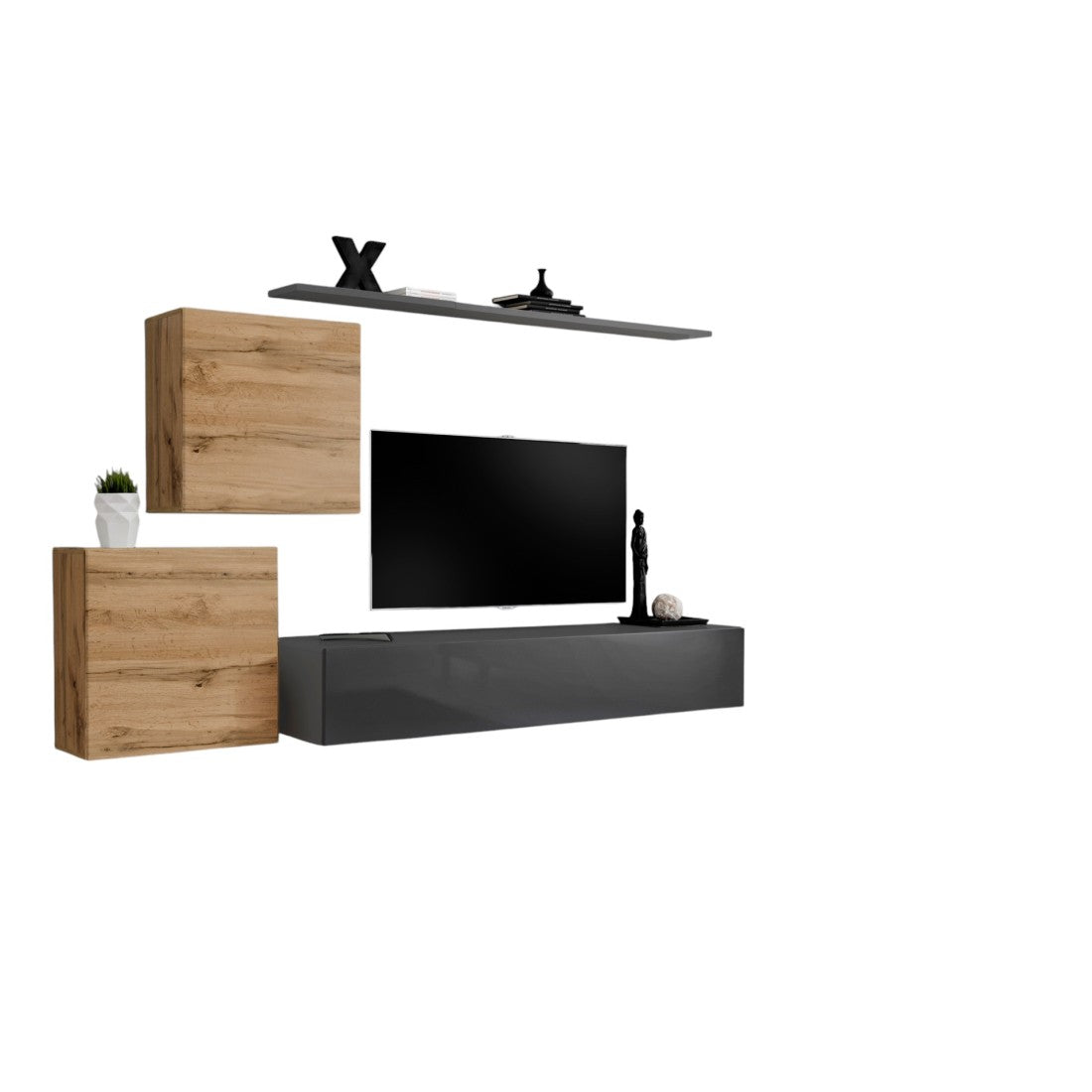 Set di mobili da soggiorno SWITCH V design, colore grigio lucido e rovere Wotan.