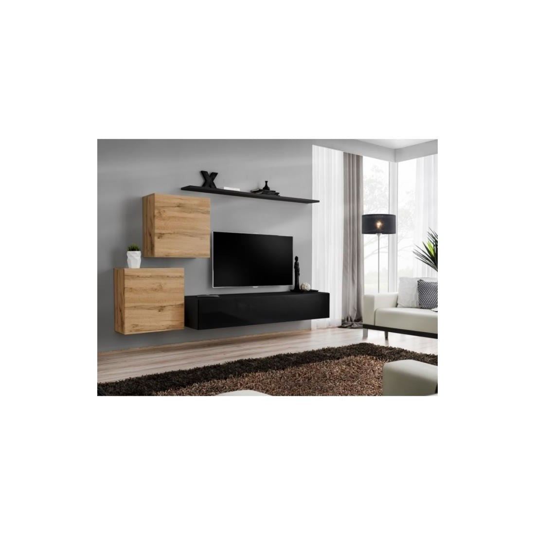 Set di mobili da salotto SWITCH V design, colore nero lucido e rovere Wotan.