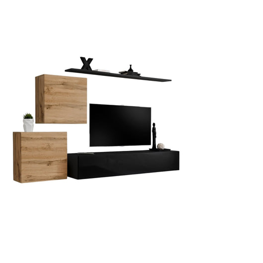 Set di mobili da salotto SWITCH V design, colore nero lucido e rovere Wotan.