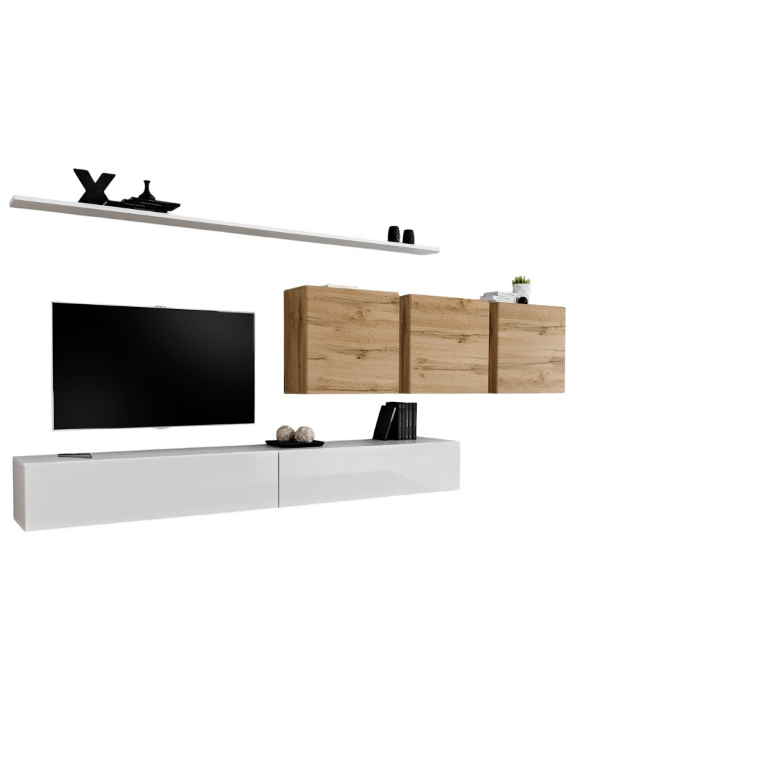 Set di mobili da salotto SWITCH VII design, colore bianco lucido e quercia Wotan.