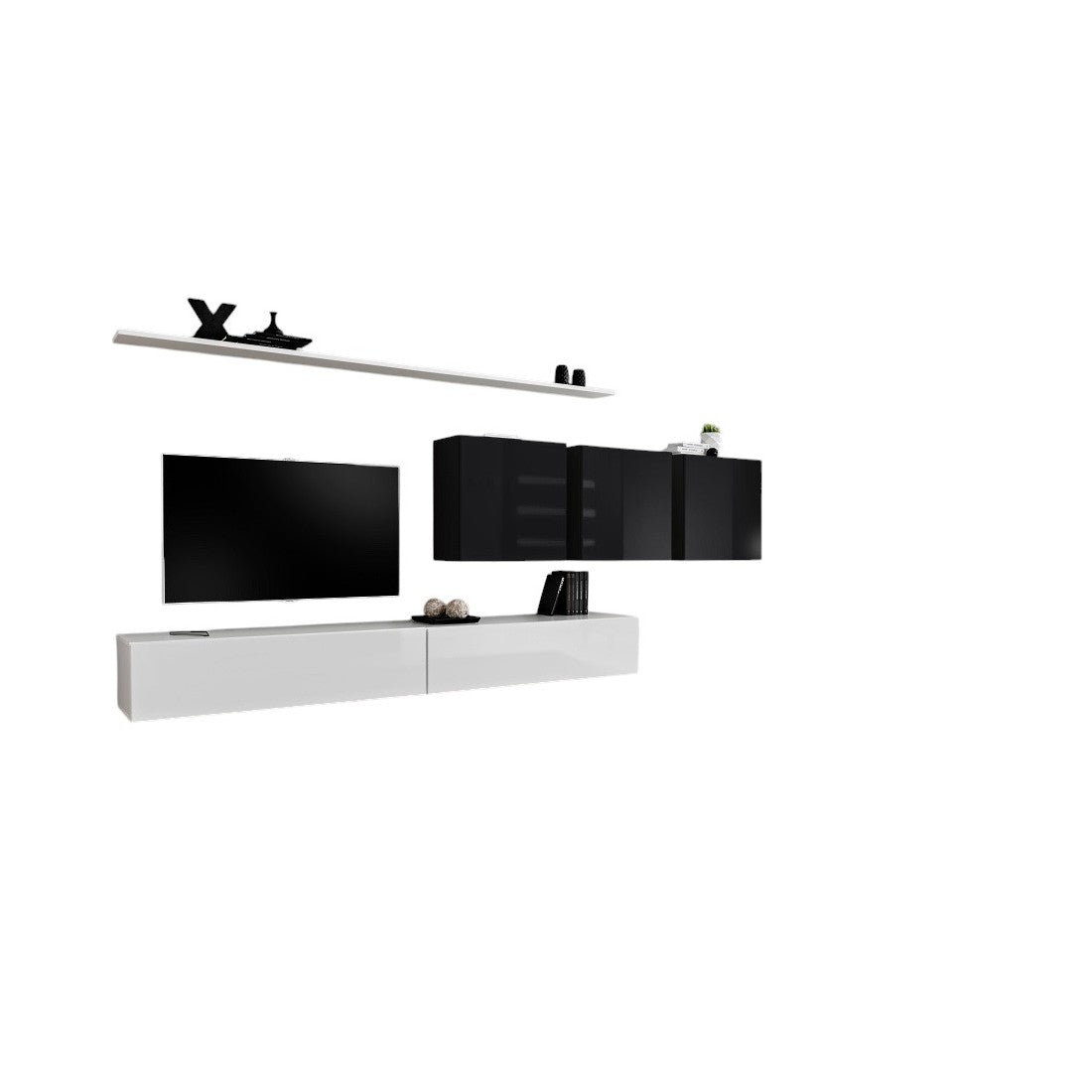 Set mobile soggiorno SWITCH VII design, colori bianco e nero lucido.