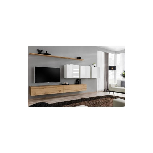Set di mobili da salotto SWITCH VII design, colore rovere Wotan e bianco lucido.