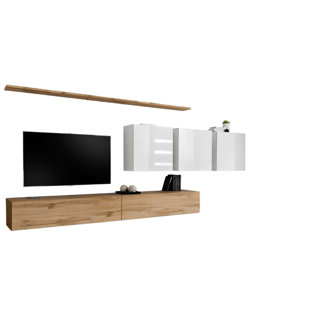 Set di mobili da salotto SWITCH VII design, colore rovere Wotan e bianco lucido.