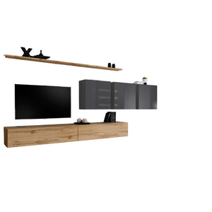 Set di mobili per soggiorno SWITCH VII design, colore quercia Wotan e grigio lucido.