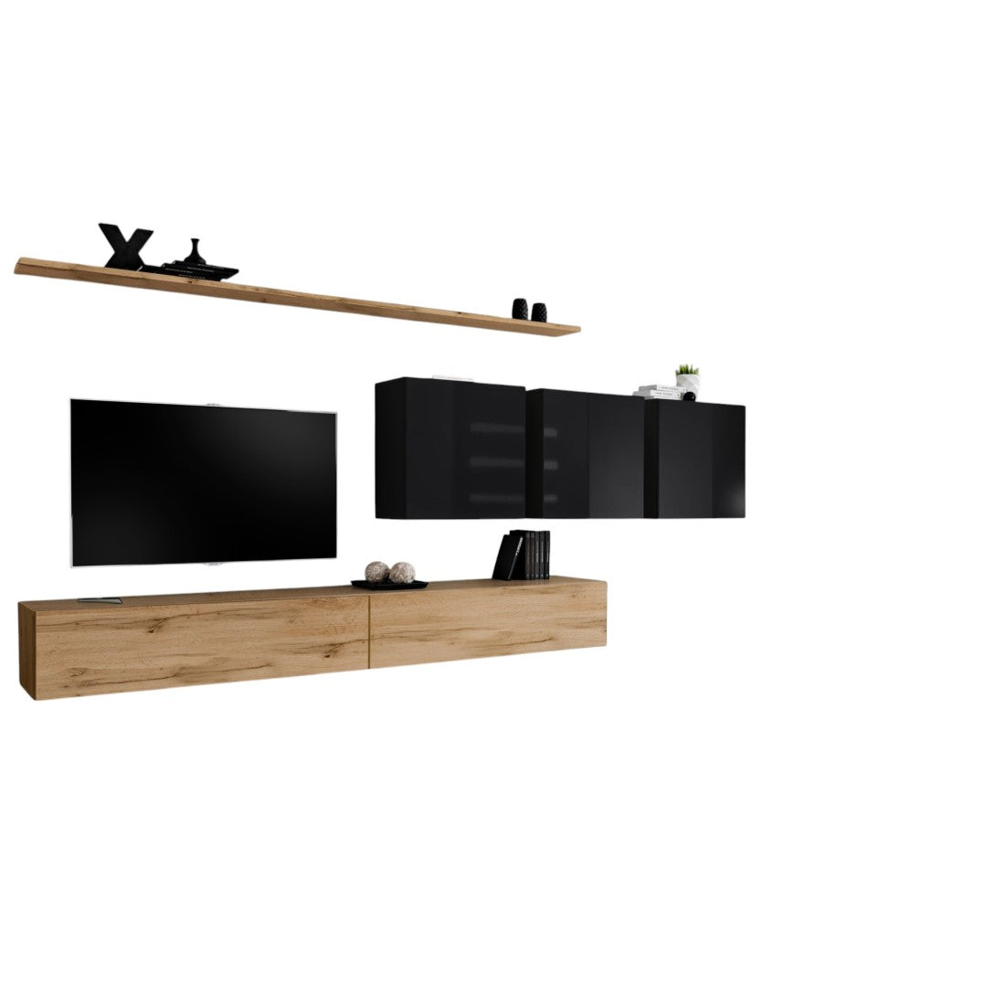 Set di mobili da soggiorno SWITCH VII design, colori quercia Wotan e nero lucido.