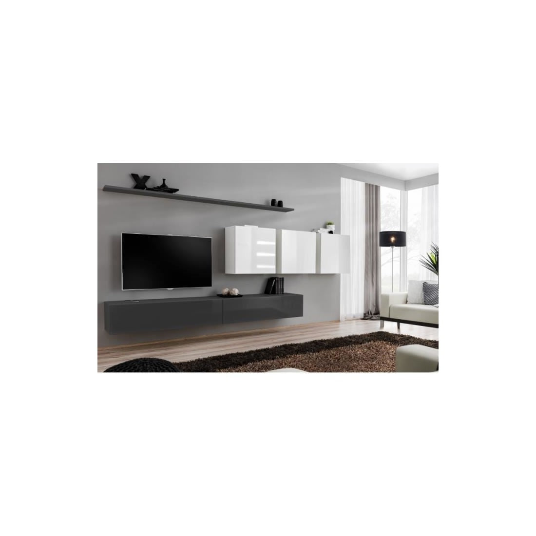 Set di mobili da salotto SWITCH VII design, colori grigio e bianco lucido.