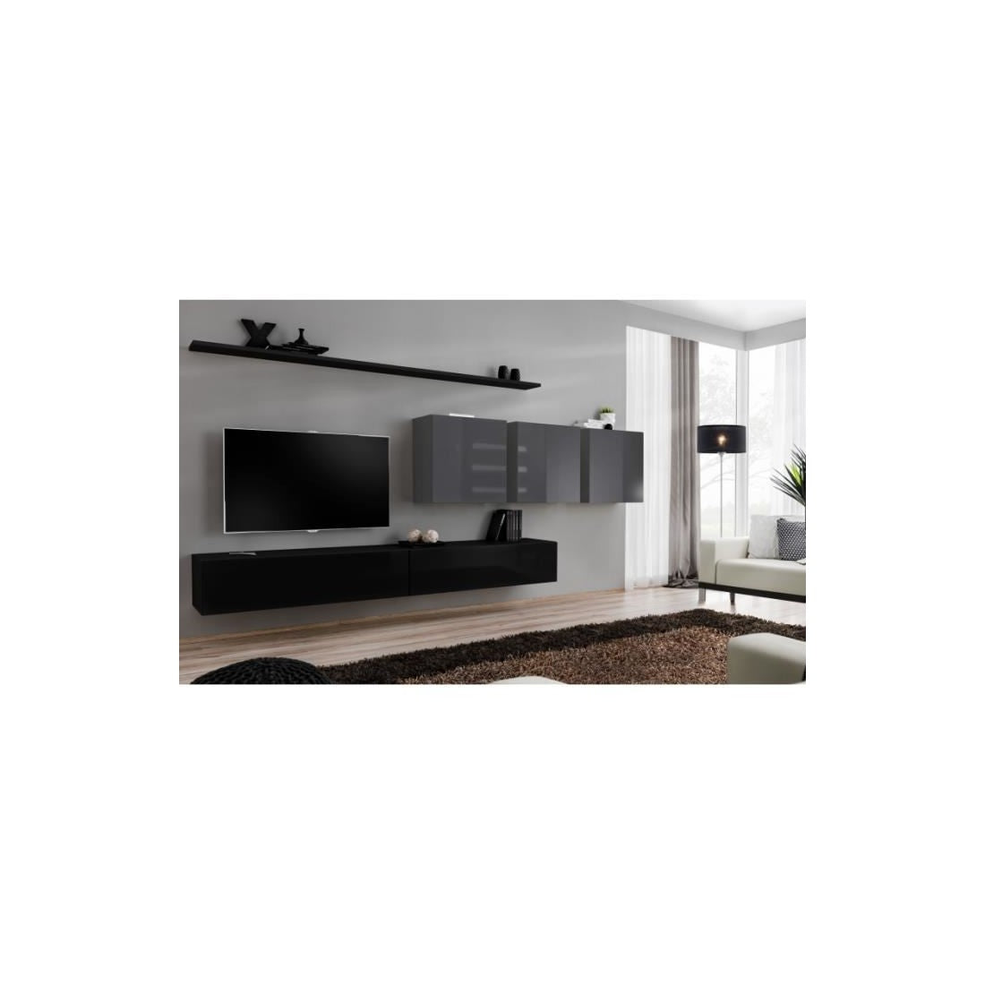 Set di mobili da soggiorno SWITCH VII design, colore nero e grigio brillante.