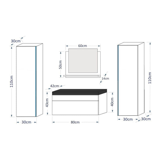 Set mobili da bagno bianco collezione BIRD, colonne, mobile sottolavabo 80 cm, specchio, sifone e LED