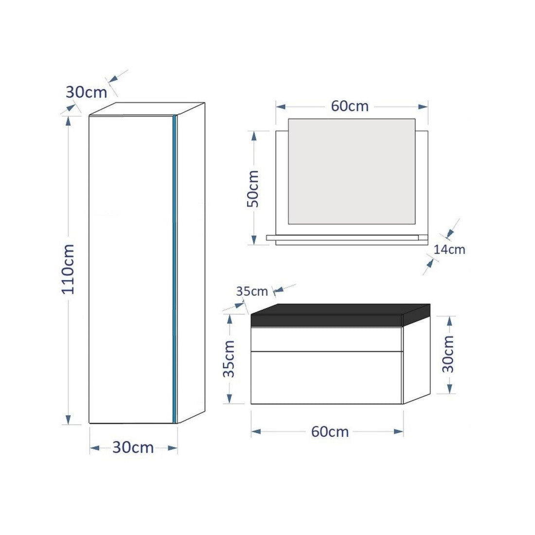 Set di mobili da bagno bianchi della collezione BIRD. Colonna, mobile sotto lavabo, lavabo 60cm.