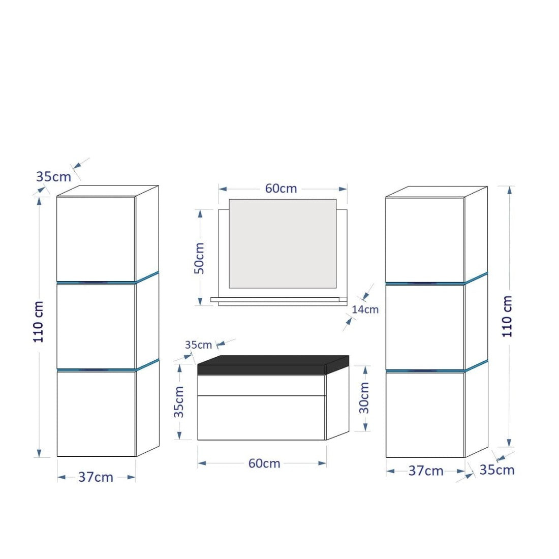 Set di mobili da bagno bianchi, collezione OWL. 2 colonne, mobiletto sottolavabo, lavabo.