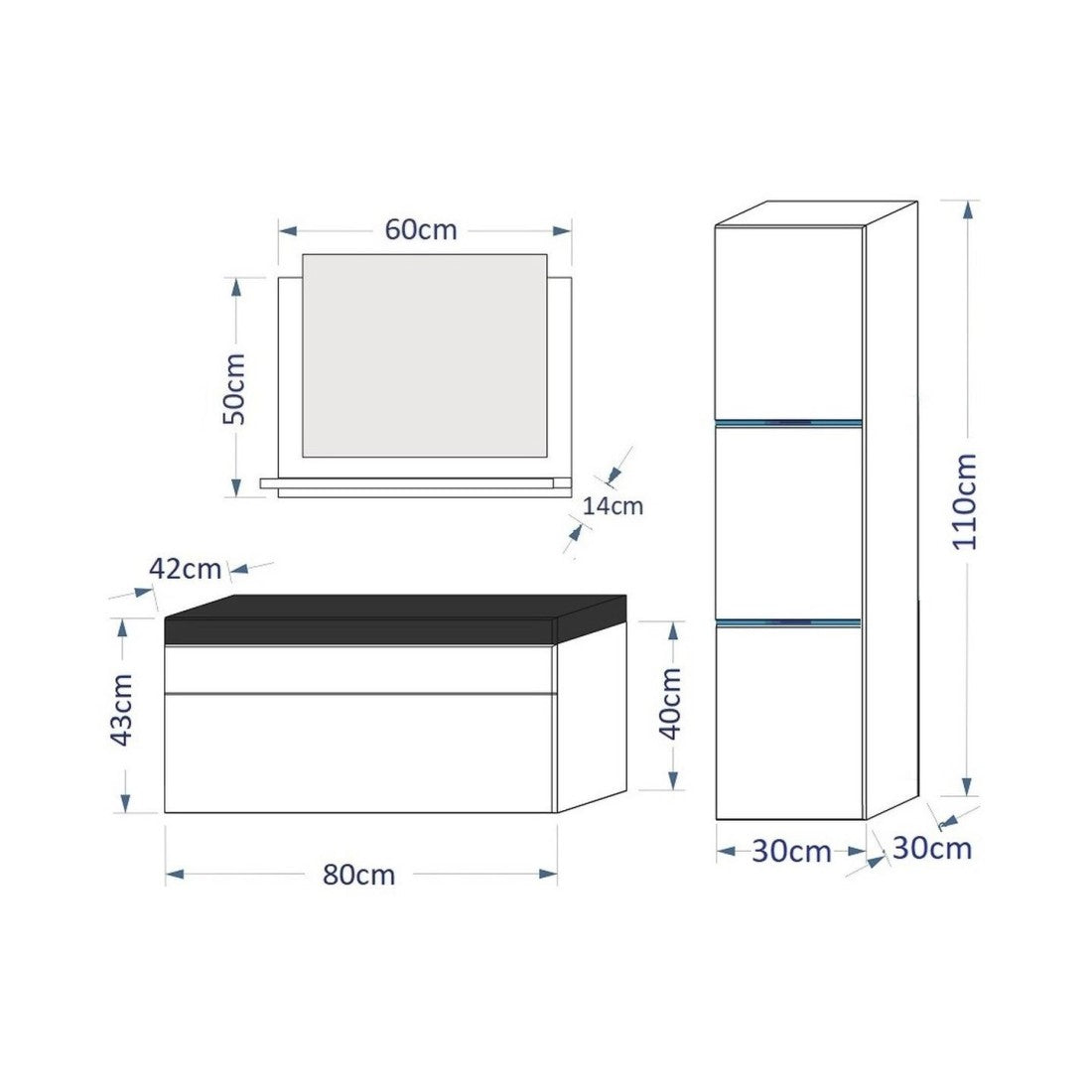 Set di mobili da bagno bianchi della collezione RAVEN. Colonna, mobile sottolavabo, lavabo 80cm.