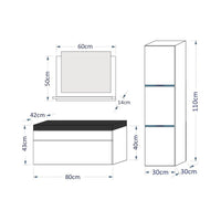 Set di mobili da bagno bianchi della collezione RAVEN. Colonna, mobile sottolavabo, lavabo 80cm.
