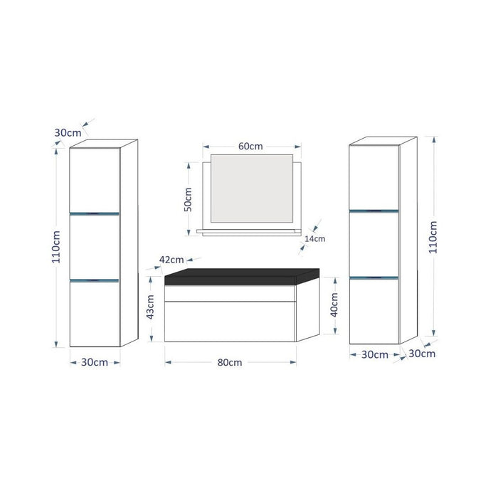 Set di mobili da bagno collezione RAVEN, colore nero opaco e lucido, con specchio.