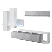 Set di mobili da salotto con LED collezione BERGAMO. Colori bianco e grigio cemento.