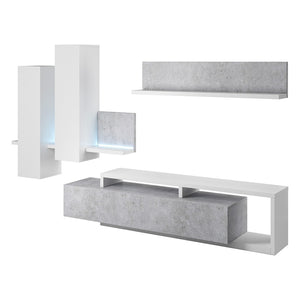 Set di mobili da salotto con LED collezione BERGAMO. Colori bianco e grigio cemento.