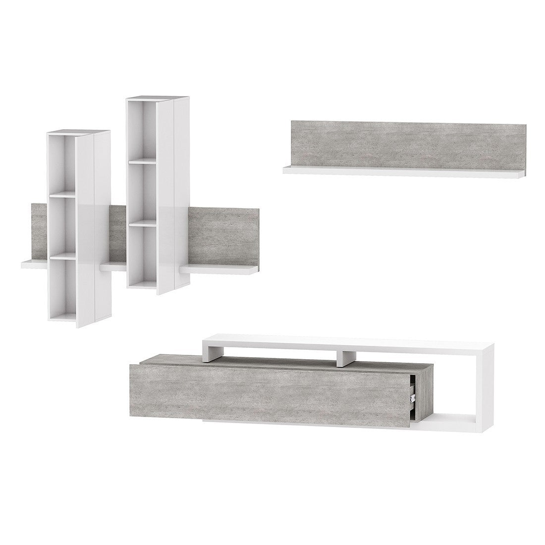 Set di mobili da salotto con LED collezione BERGAMO. Colori bianco e grigio cemento.