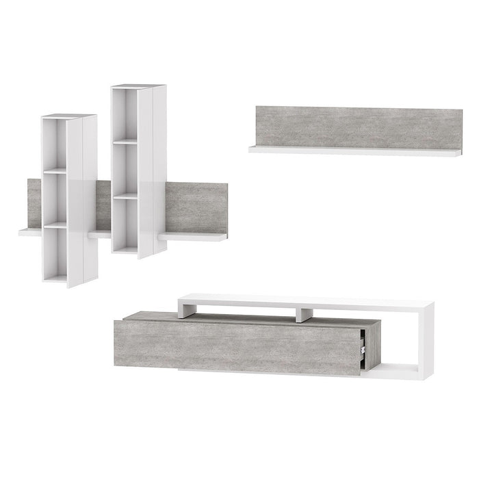 Set di mobili da salotto con LED collezione BERGAMO. Colori bianco e grigio cemento.