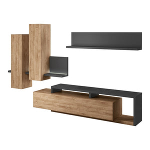 Set di mobili da soggiorno con LED collezione BERGAMO. Colori rovere e grigio.