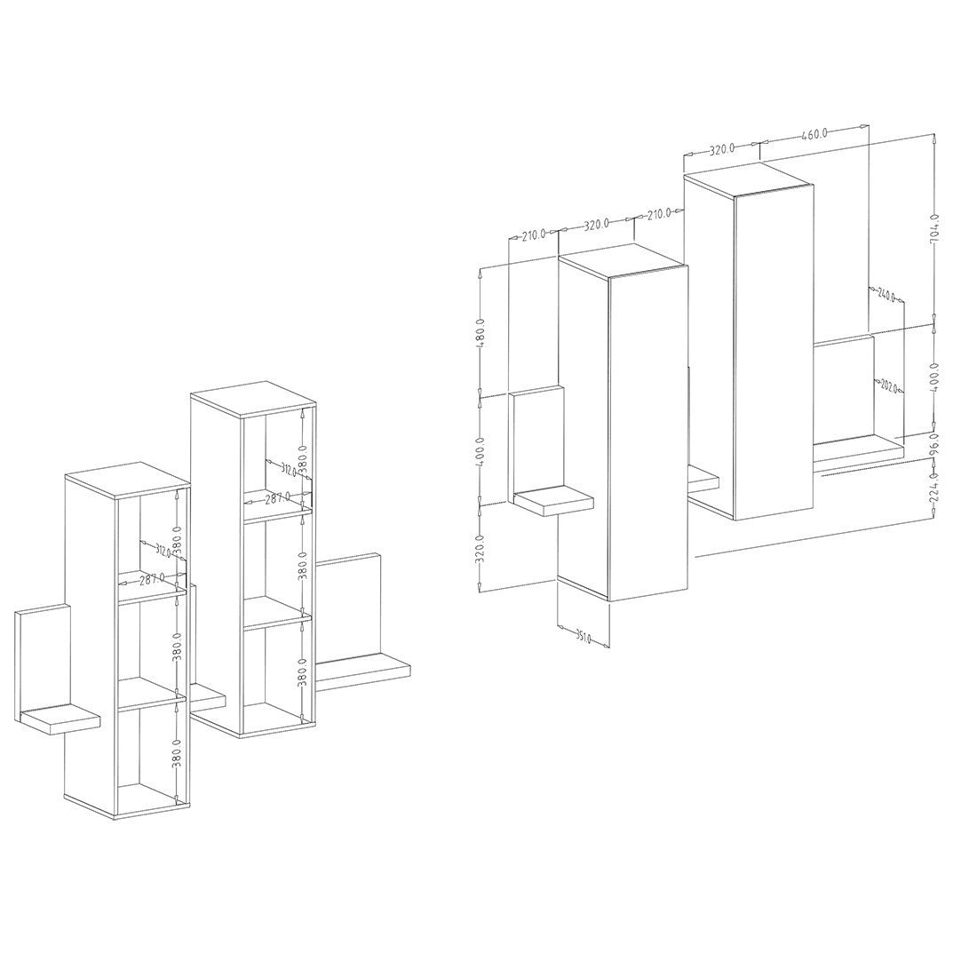 Set di mobili da soggiorno con LED collezione BERGAMO. Colori rovere e grigio.