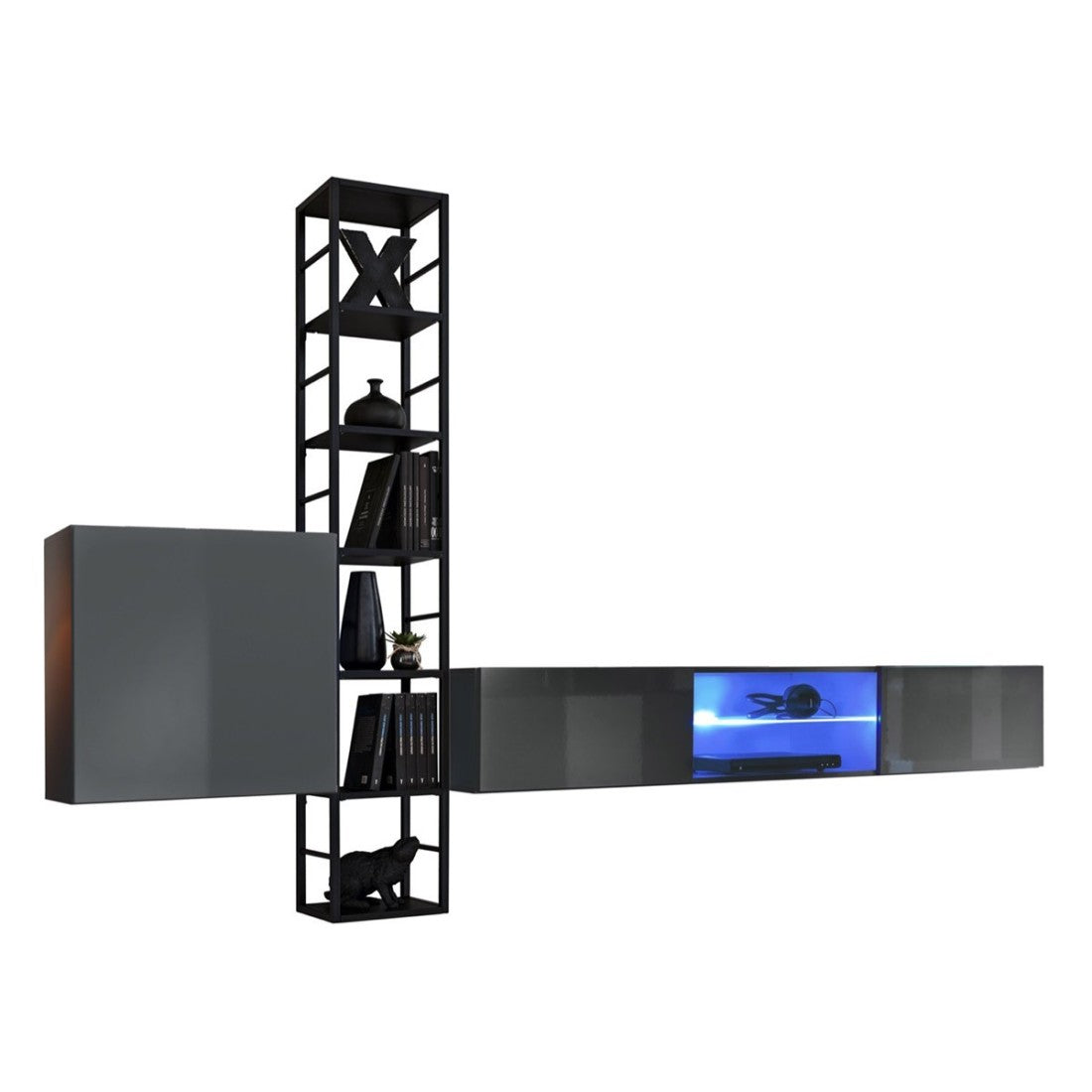 Set di mobili da soggiorno industriale SWITCH M6 – Grigio – Illuminazione LED &amp sistema Push to Open