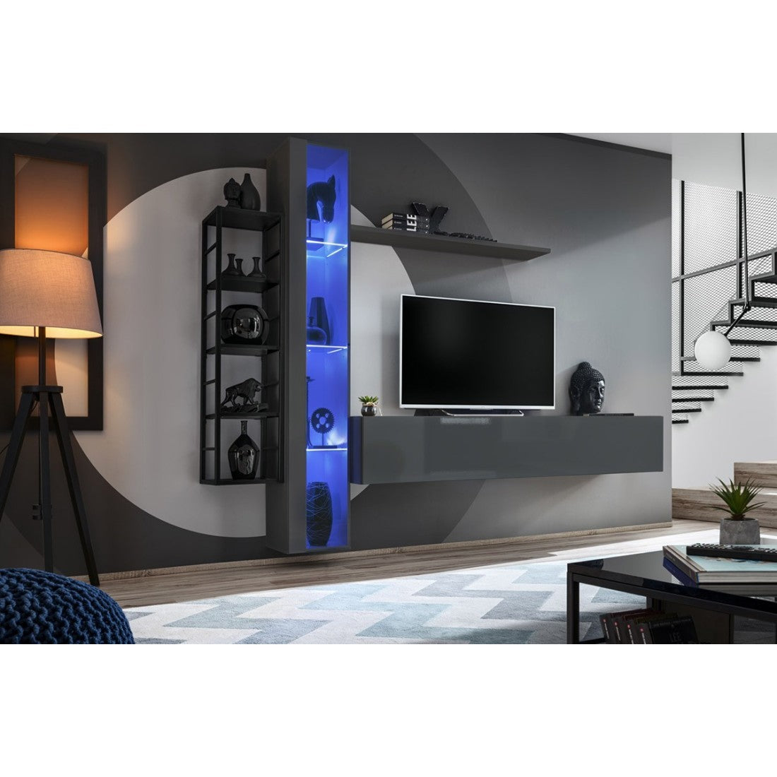 Set mobili da salotto industriale SWITCH M7 – Bianco – LED integrati &amp sistema Push to Open