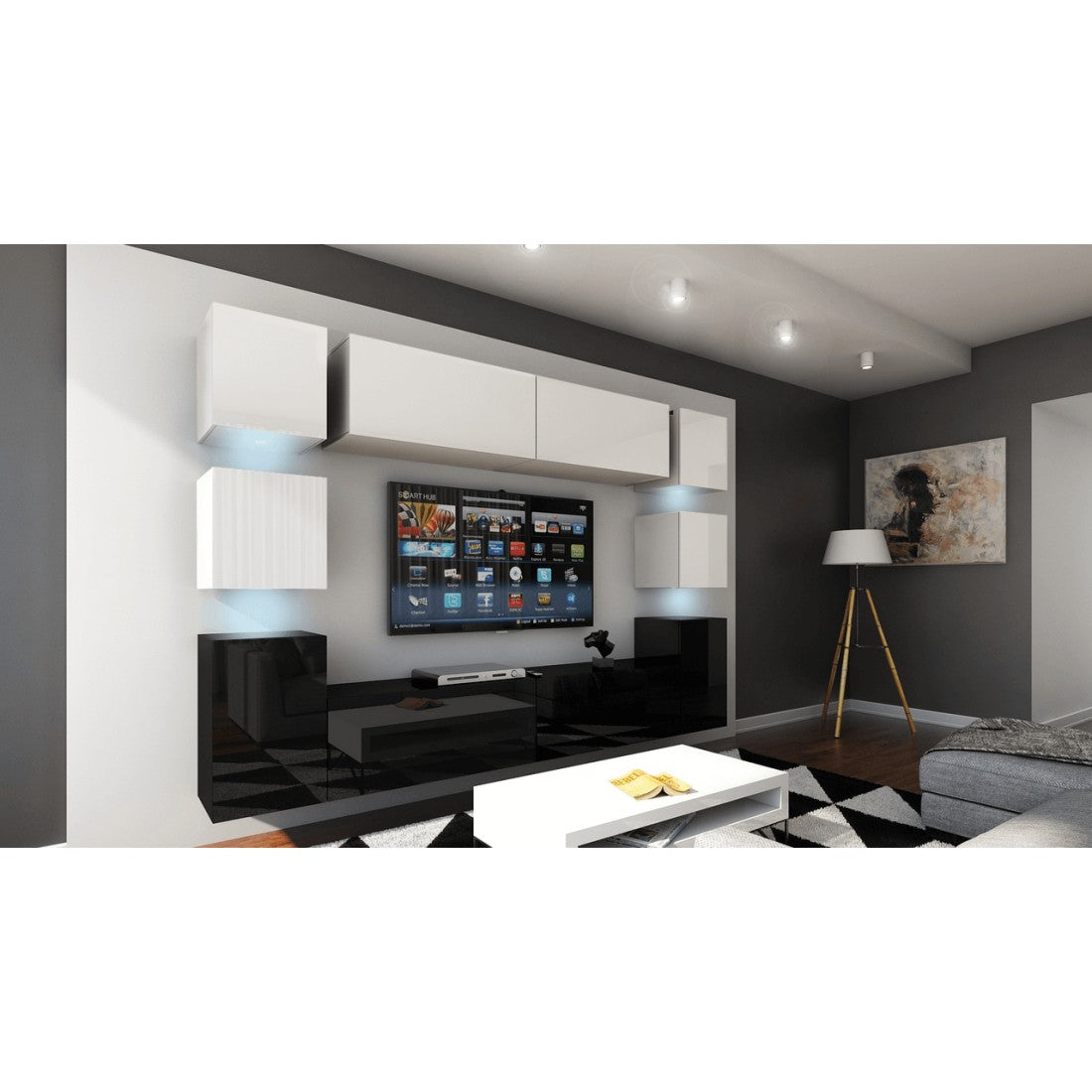 Set di mobili da soggiorno sospesi, parte inferiore nera, parte superiore bianca, collezione CEPTO XIV. 256cm, 10 pezzi, con illuminazione a LED.