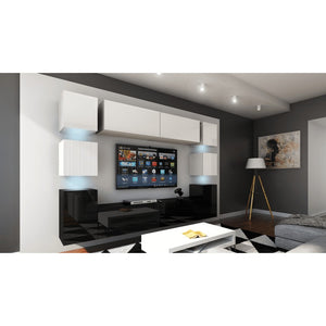 Set di mobili da soggiorno sospesi, parte inferiore nera, parte superiore bianca, collezione CEPTO XIV. 256cm, 10 pezzi, con illuminazione a LED.