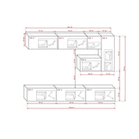 Set di mobili da soggiorno sospesi bianchi collezione CEPTO XV. 249cm, 8 pezzi, con LED.