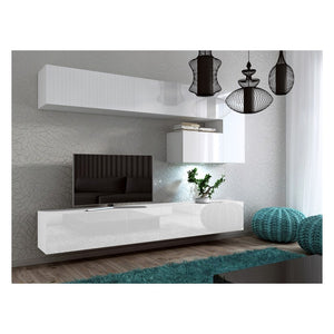 Set di mobili da soggiorno sospesi bianchi collezione CEPTO XV. 249cm, 8 pezzi, con LED.