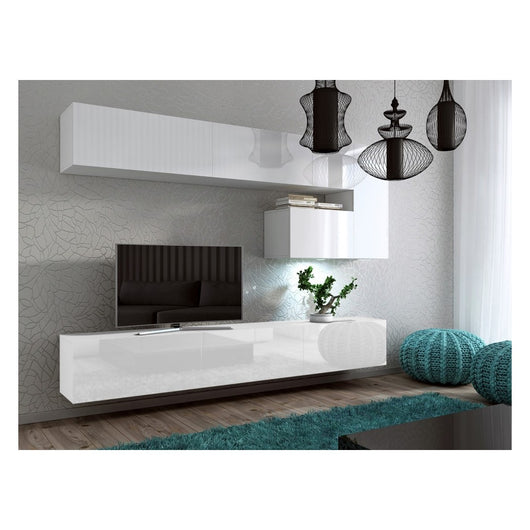 Set di mobili da soggiorno sospesi bianchi collezione CEPTO XV. 249cm, 8 pezzi, con LED.