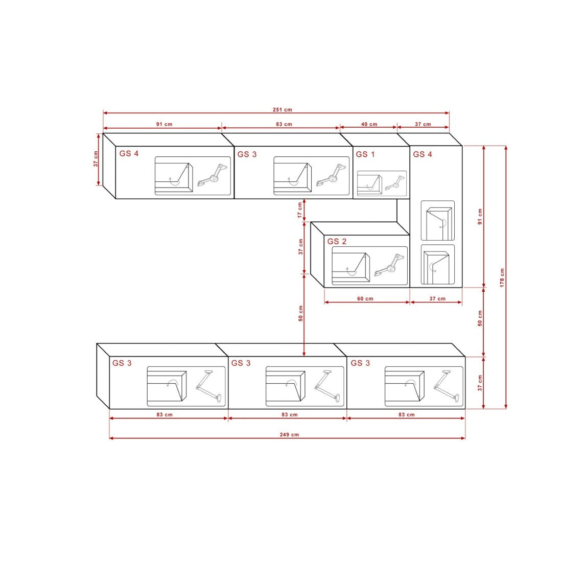 Set di mobili per soggiorno sospesi bianchi e neri, collezione CEPTO XV. 249 cm, 8 pezzi, con LED.
