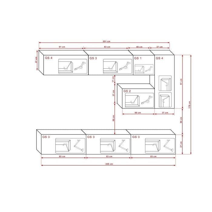Set di mobili per soggiorno sospesi bianchi e neri, collezione CEPTO XV. 249 cm, 8 pezzi, con LED.