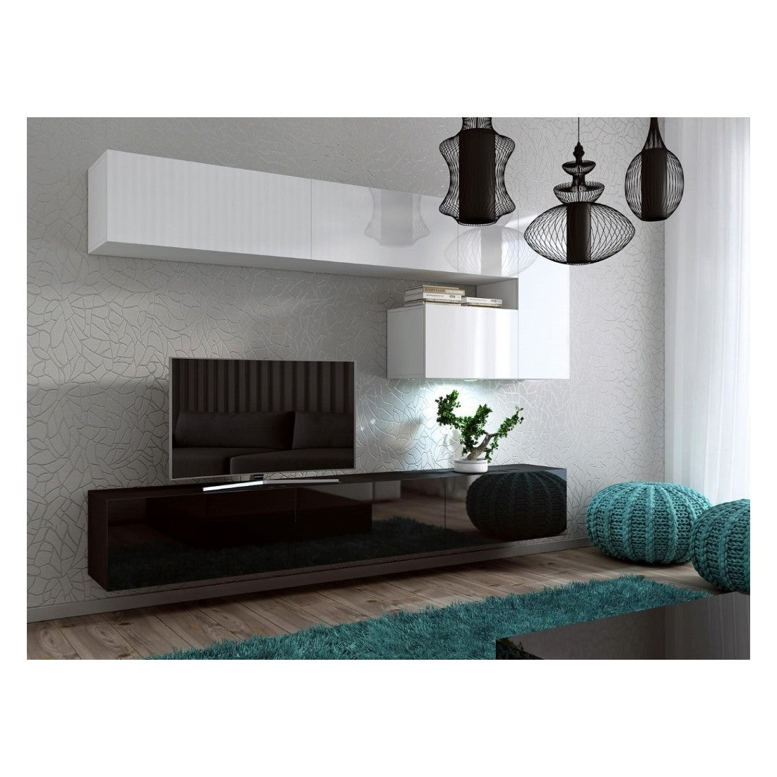 Set di mobili per soggiorno sospesi bianchi e neri, collezione CEPTO XV. 249 cm, 8 pezzi, con LED.