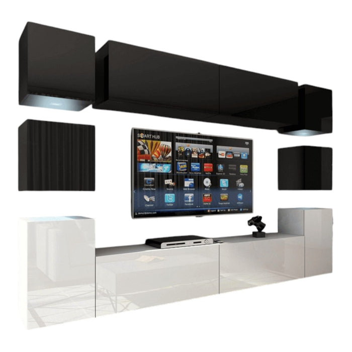Set di mobili da soggiorno sospesi, parte superiore nera, parte inferiore bianca, collezione CEPTO XIV 256 cm, 10 pezzi, con LED