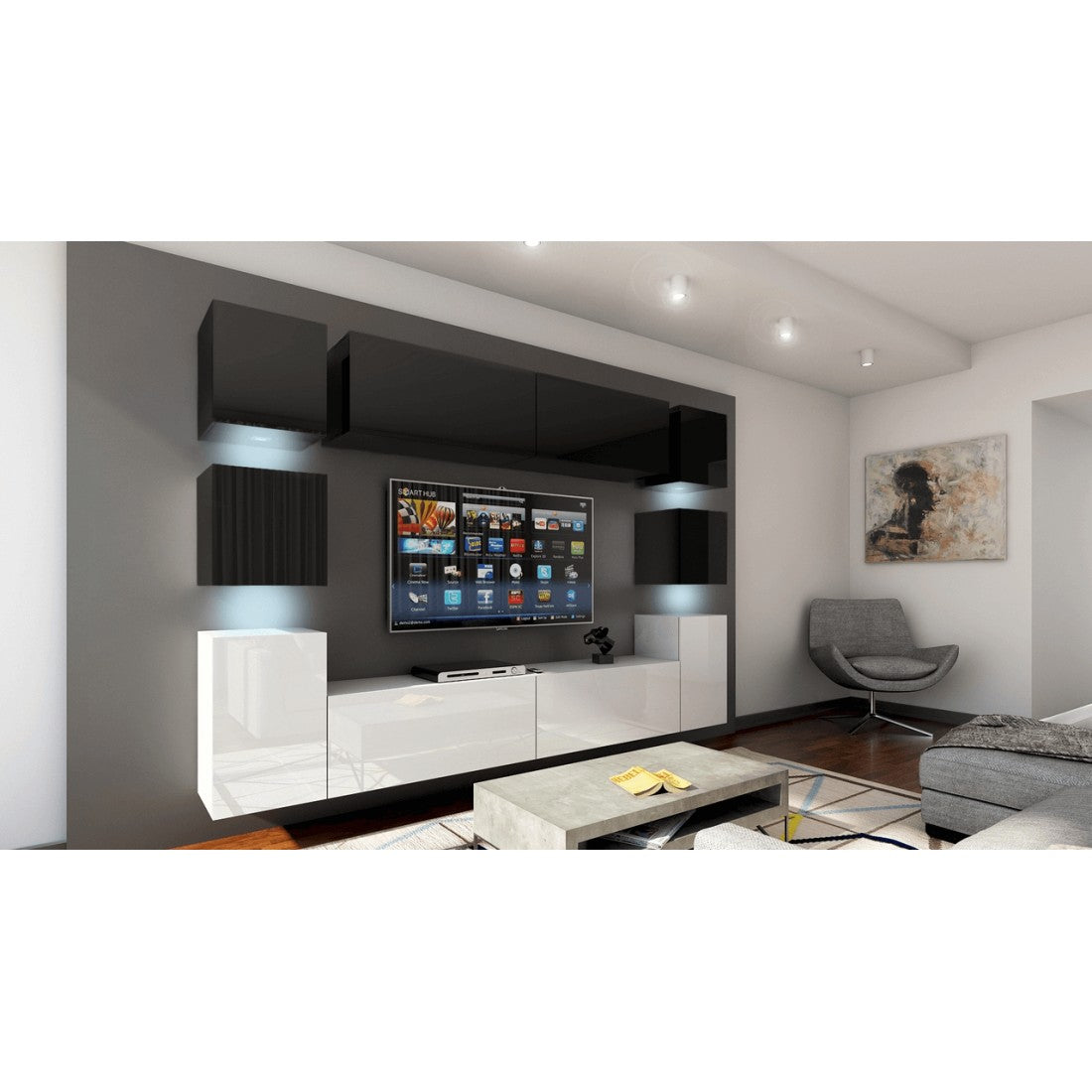 Set di mobili da soggiorno sospesi, parte superiore nera, parte inferiore bianca, collezione CEPTO XIV 256 cm, 10 pezzi, con LED