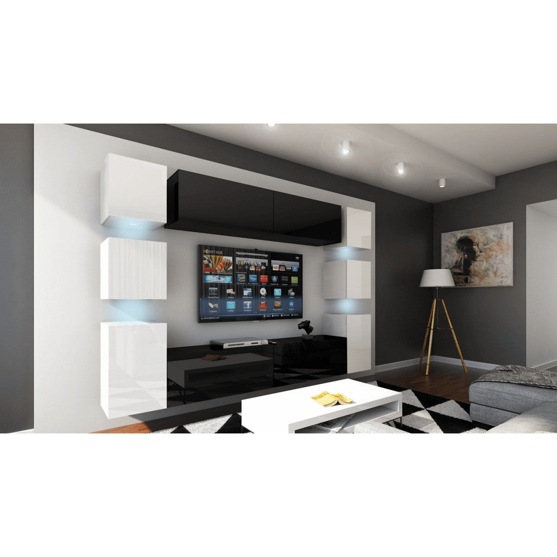 Set di mobili da soggiorno sospesi, colore nero al centro e bianco ai lati, collezione CEPTO XIV. 256cm, 10 pezzi, con LED.