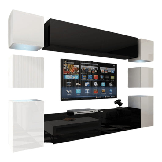 Set di mobili da soggiorno sospesi, colore nero al centro e bianco ai lati, collezione CEPTO XIV. 256cm, 10 pezzi, con LED.