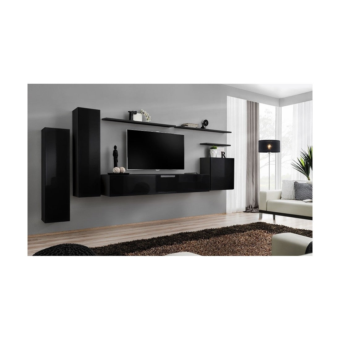 Set di mobili da soggiorno SWITCH I – Design moderno – Nero lucido – Mobile TV e contenitori sospesi