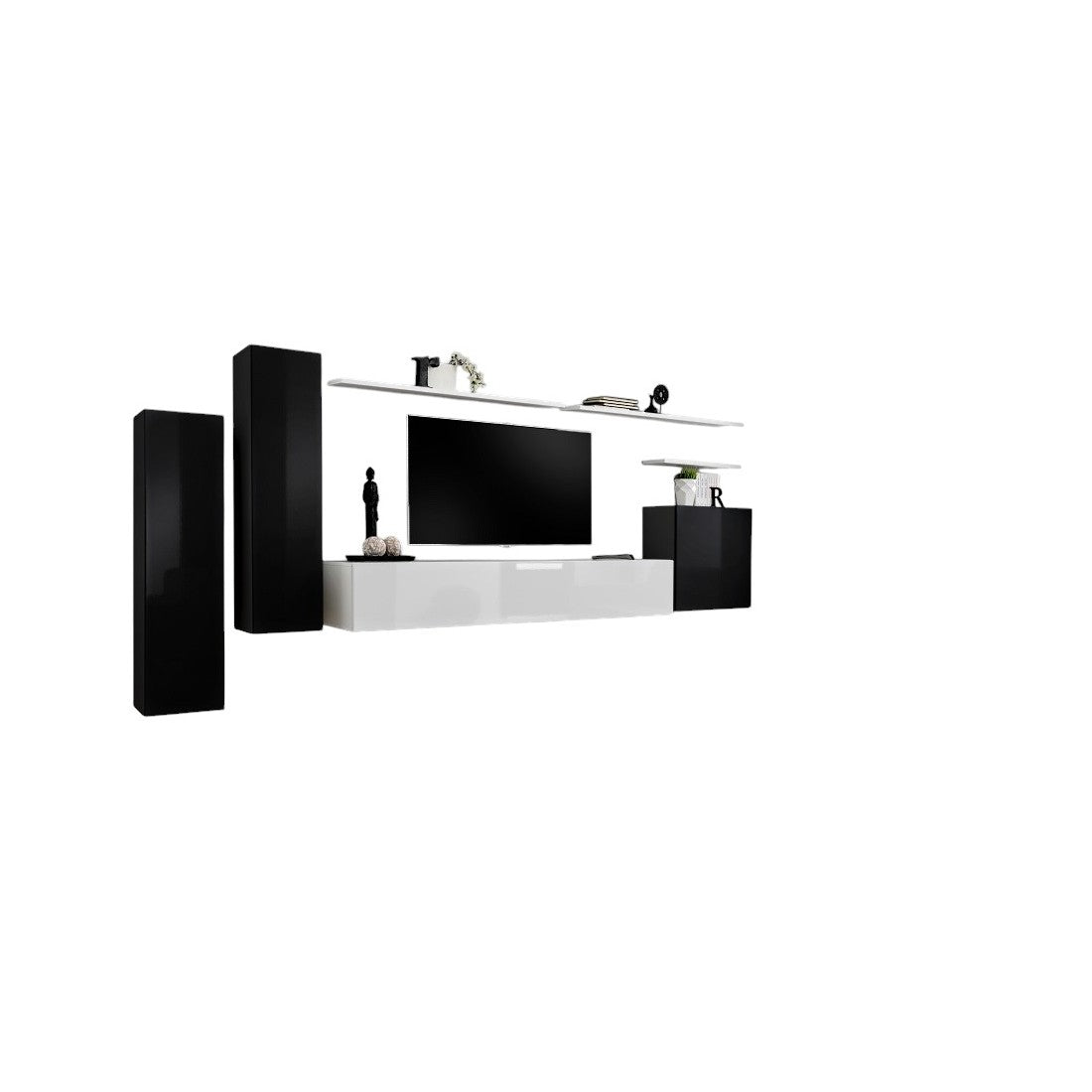 Set di mobili da soggiorno SWITCH I – Design moderno – Nero e bianco lucido – Mobile TV e contenitori sospesi
