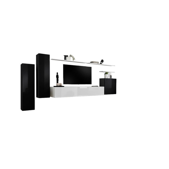 Set di mobili da soggiorno SWITCH I – Design moderno – Nero e bianco lucido – Mobile TV e contenitori sospesi