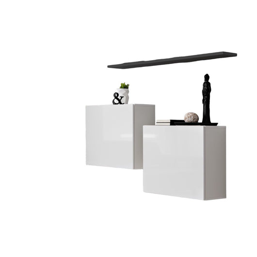 Set di mobili per soggiorno SWITCH SBI design, colore bianco lucido e scaffale grigio.