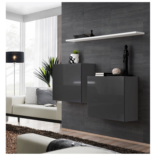 Set di mobili da soggiorno SWITCH SBI design, colore grigio lucido e scaffale bianco.