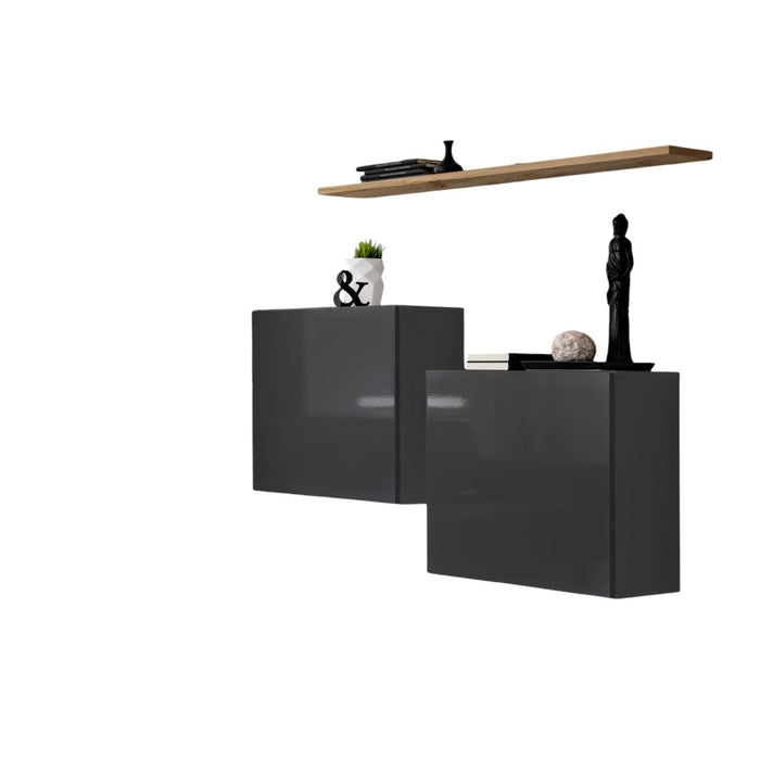 Set di mobili da soggiorno SWITCH SBI design, colore grigio lucido e scaffale in rovere Wotan.