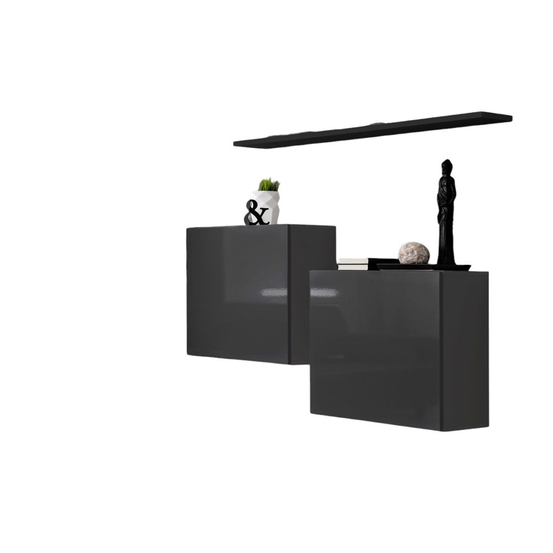 Set di mobili da soggiorno SWITCH SBI design, colore grigio lucido e scaffale nero.